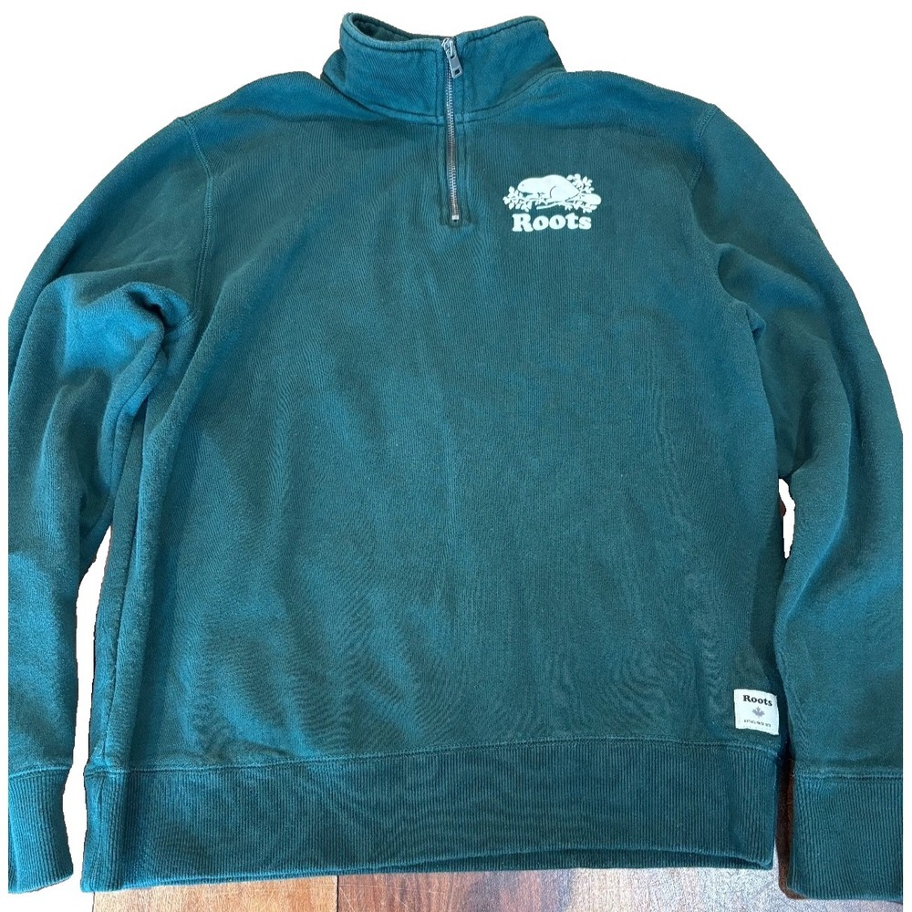 Roots Mens' Medium forest green 1/4 zip pullover organic cotton beaver logo